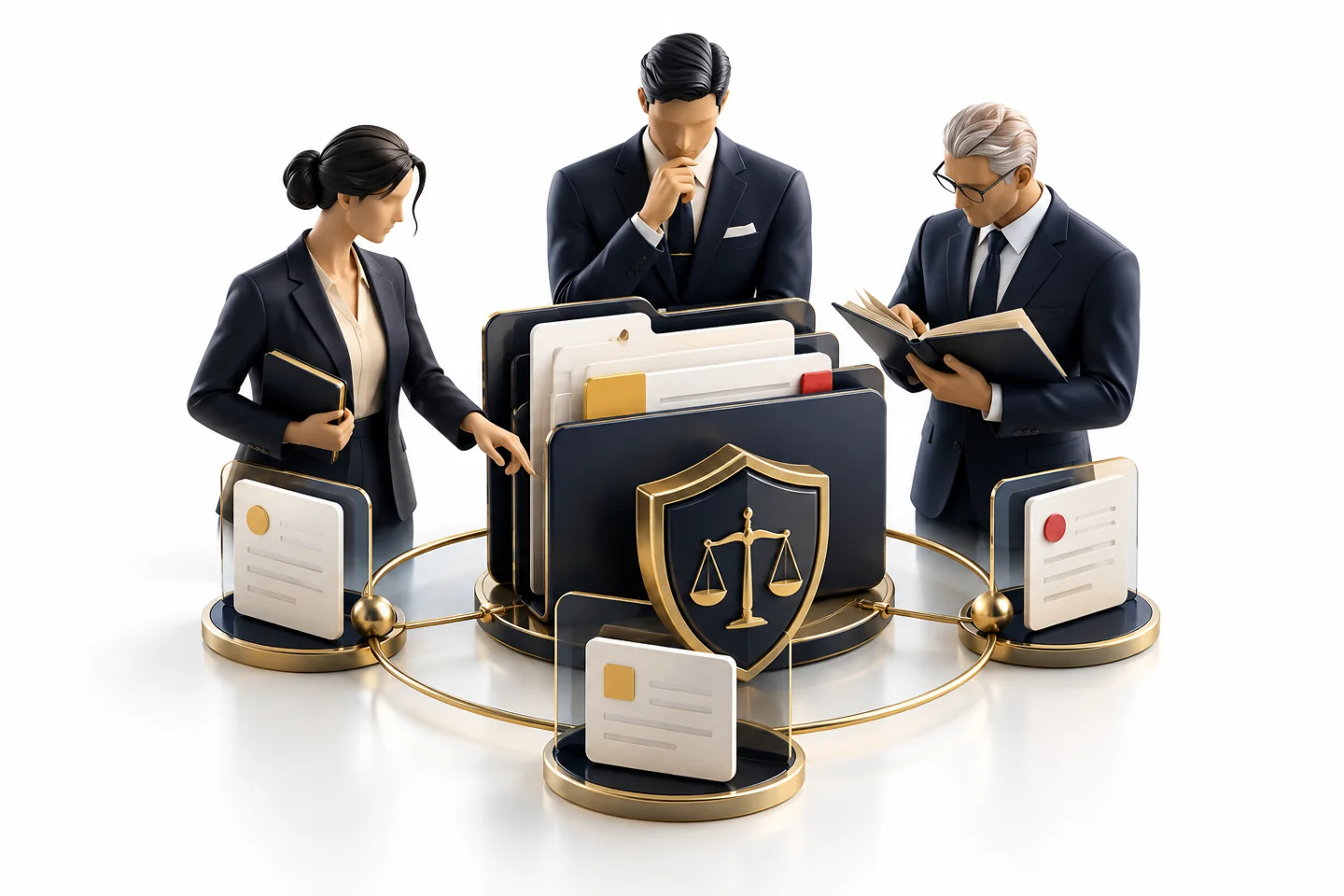 Equipo jurídico trabajando con documentación compartida y protegida